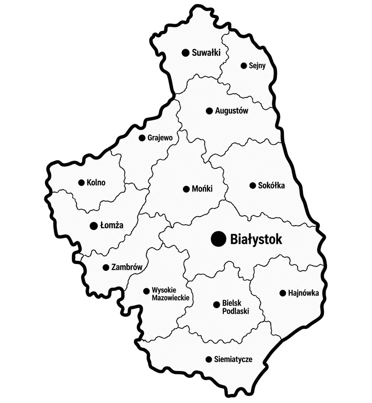 Graficzne odwzorowanie obszaru działalności firmy w woj. Podlaskim